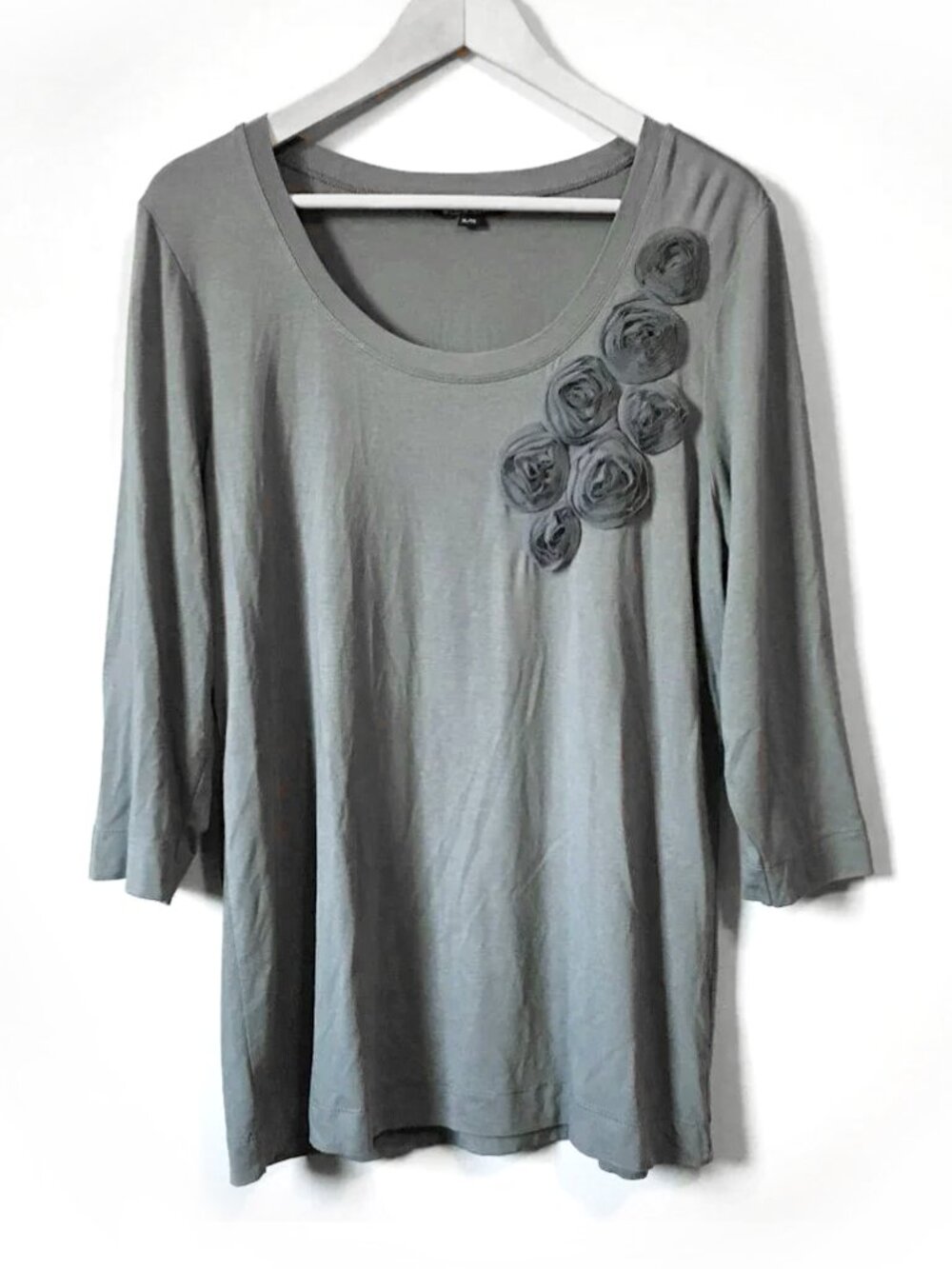 Clay Grey Rayon 3/4 Sleeve Chiffon Rose Accent Top